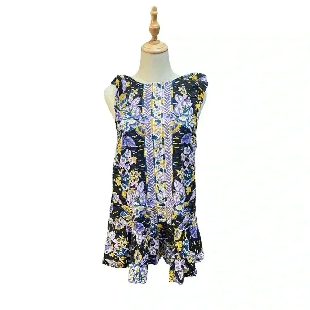 Free People Tunic Size Small Purple and Blue Print LINEN BLEND Relaxed Fit M - Picture 2 of 7